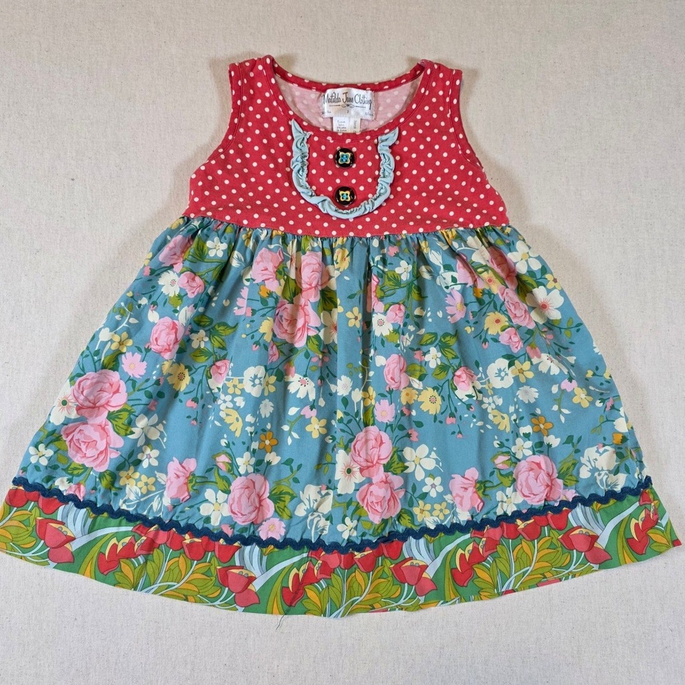 Matilda Jane Girls Red Polka Dot Floral Mixed Media Ruffle Dress Size 2 D1356